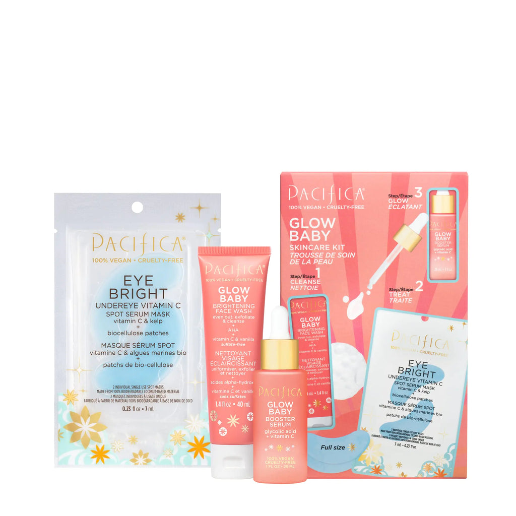 Pacifica Glow Baby Vitamin C Skincare Kit – Serum, Cleanser & Eye Patches (3-Piece, Vegan)