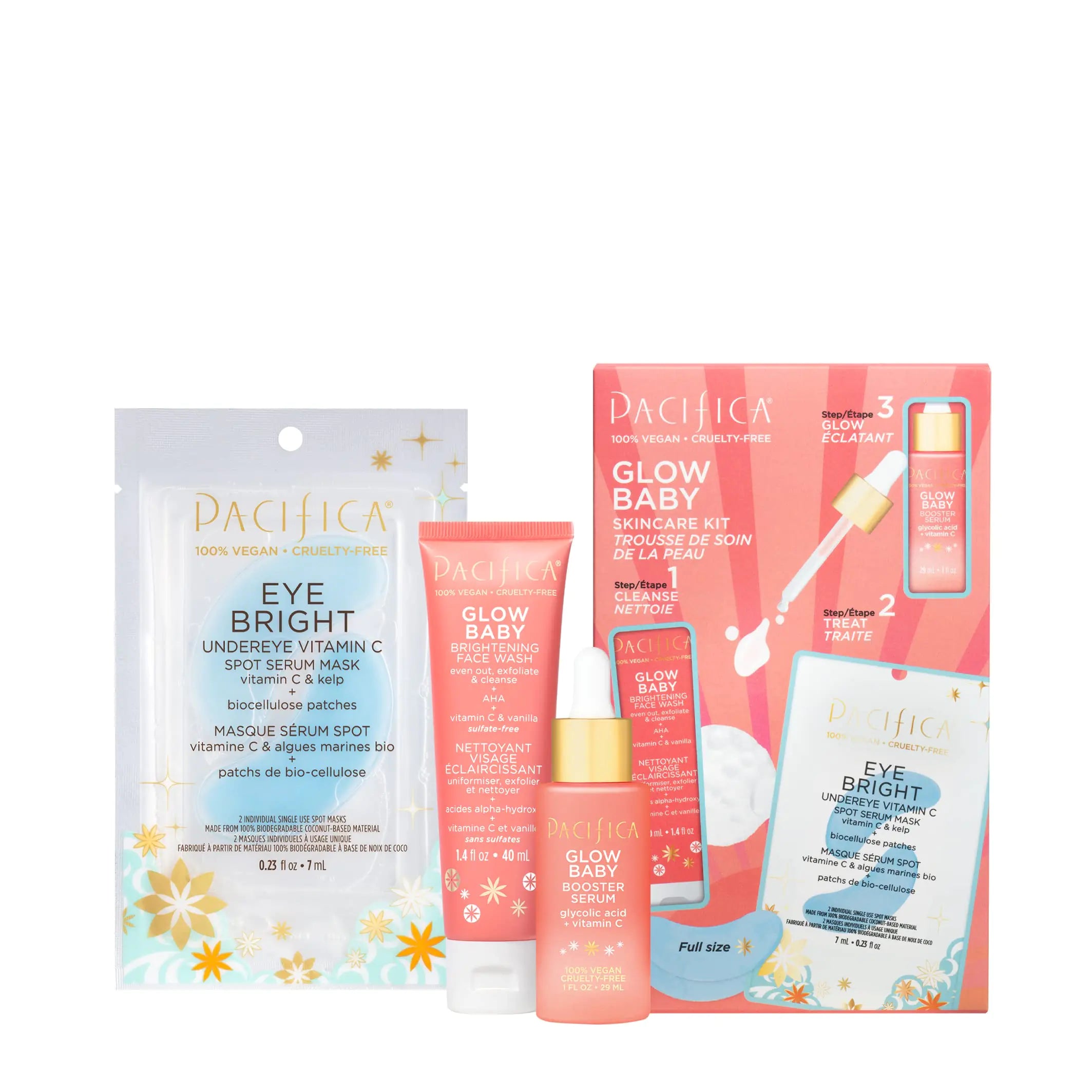 Pacifica Glow Baby Vitamin C Skincare Kit – Serum, Cleanser & Eye Patches (3-Piece, Vegan)